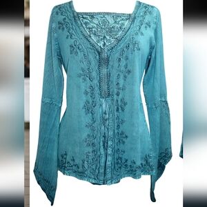 Women’s Embroidered Boho Blouse Lace Trim Boat Neck & Long Bell Sleeves Medium
